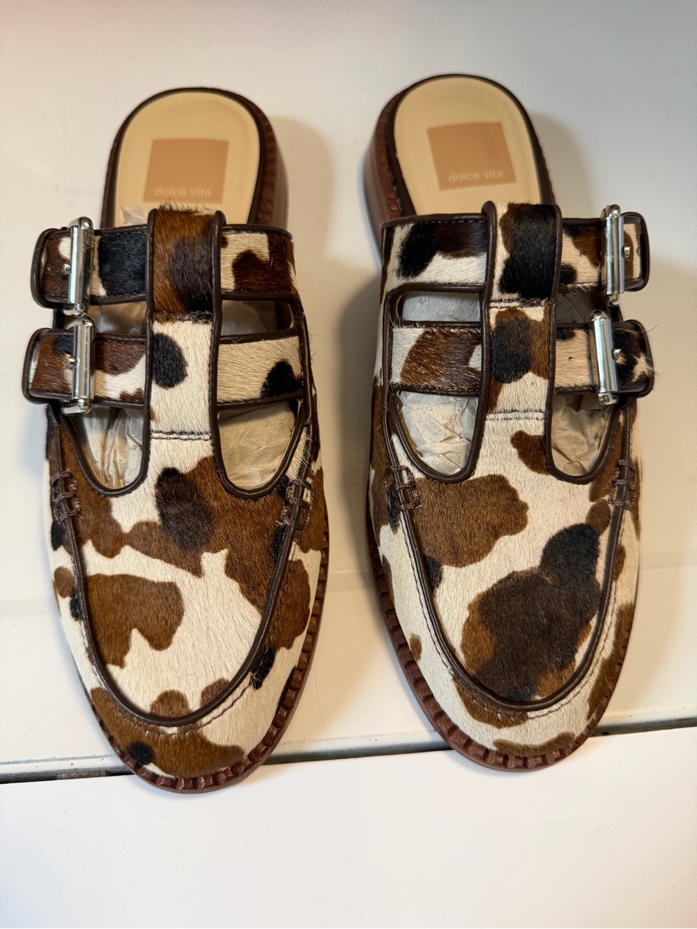 Dolce Vita Brown & White Cow-Print Haircalf Double Buckle Mules